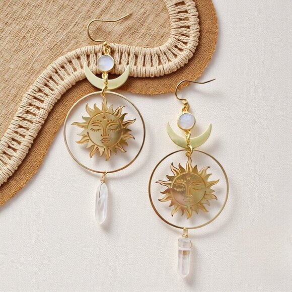 🆕️Celestial Sun Moon Quartz Crystal Dangle Earrings Boho Chic Trendy Jewelry - Picture 5 of 11
